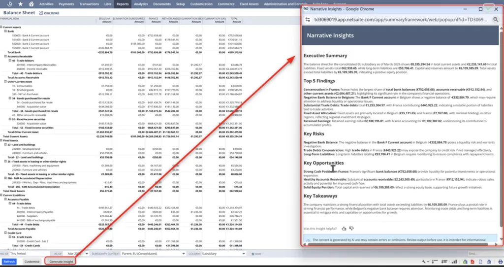 NetSuite Narrative Insights writing a summary of a financial report