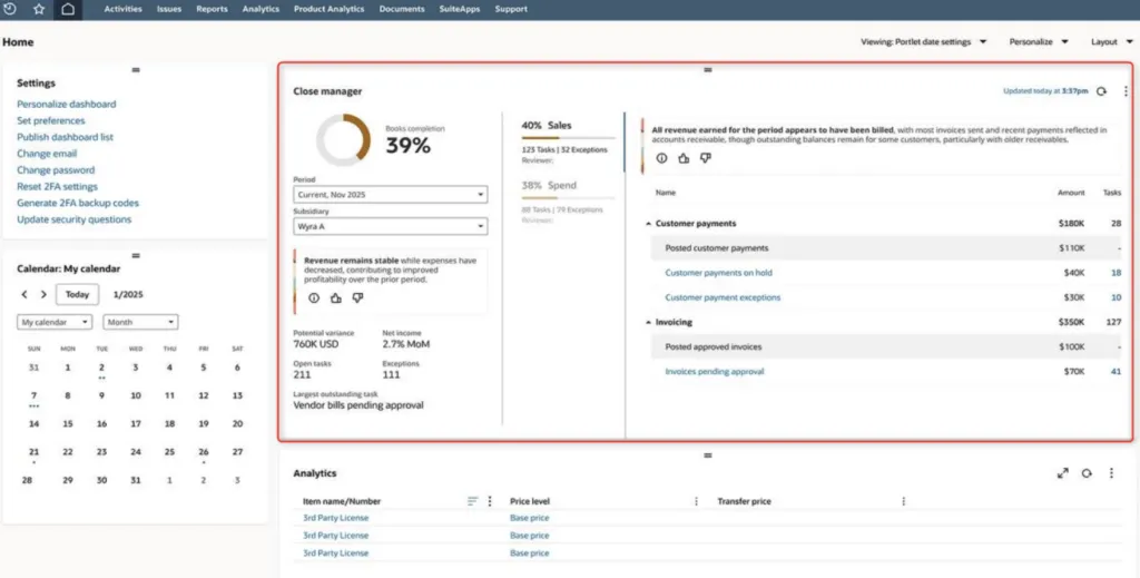 NetSuite Intelligent Close Manager showing period close progress