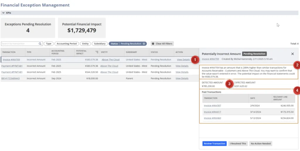 NetSuite Financial Exception Management listing exceptions and their financial impact