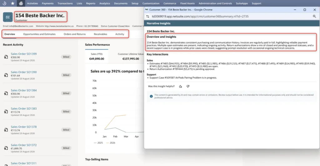 NetSuite Customer 360 with an AI-generated summary on a customer record