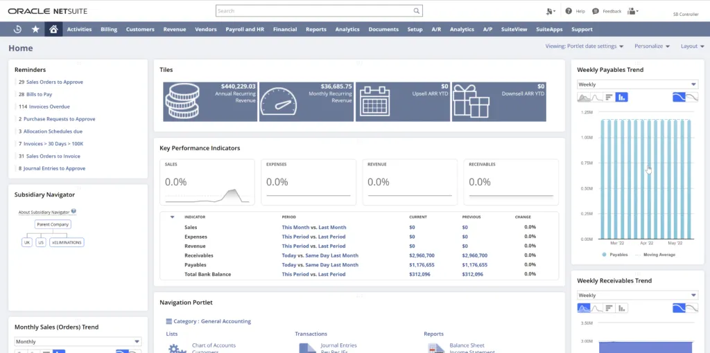NetSuite home dashboard with key performance indicators