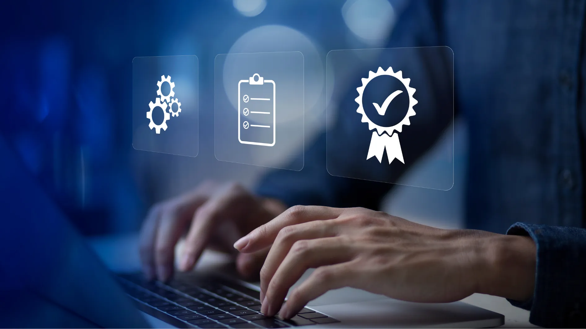 Laptop with icons for processes, checklists and certification